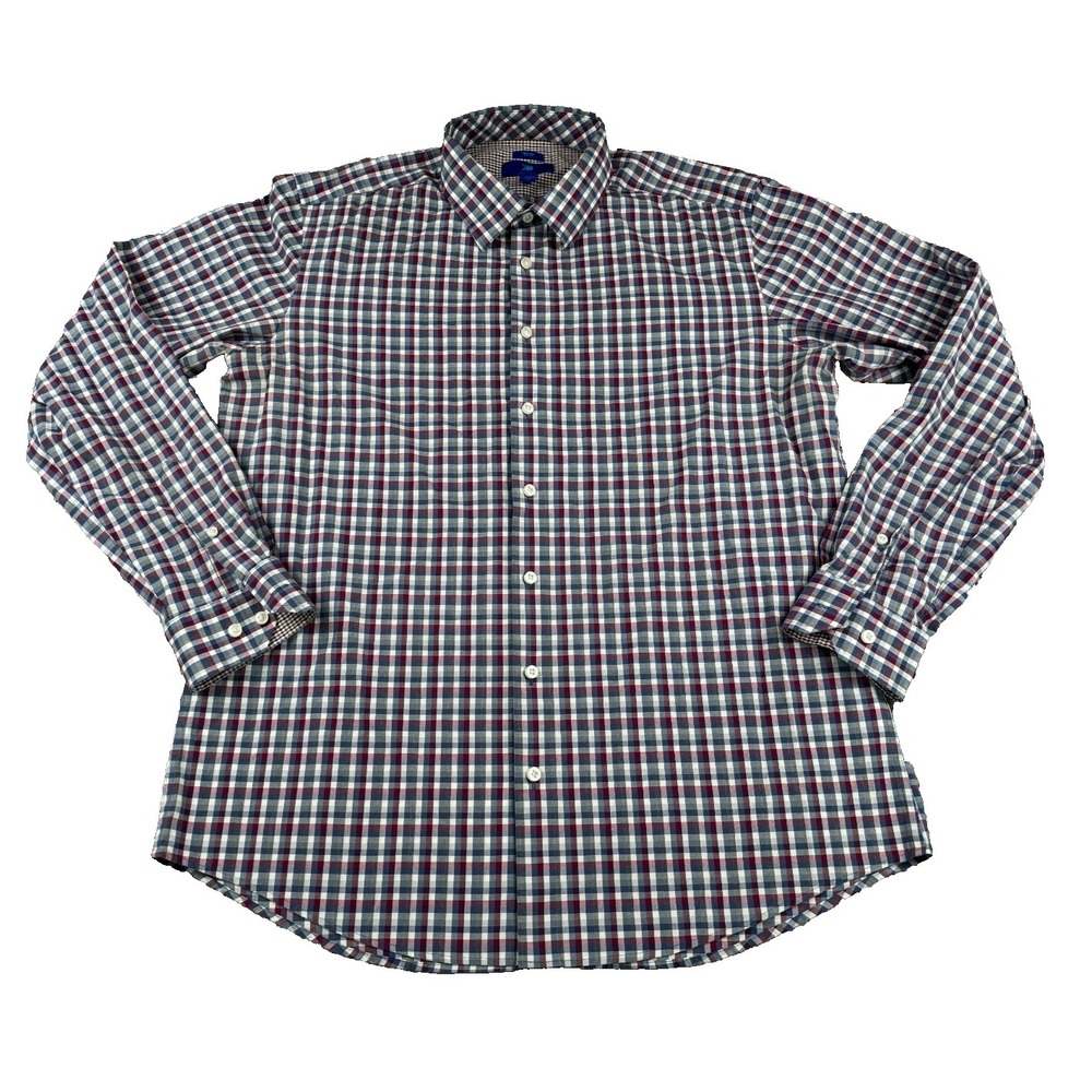 Egara Men's Dress Shirt XLT Red Blue Check Non Iron Slim Fit Stretch